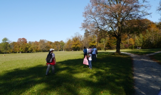 Herbstlandschaft mit Bäumen, mehrere Menschen 